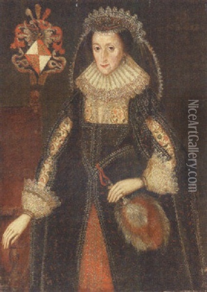 Portrait Of Lady Eleanor Dutton In Elegant Dress, Standing Beside A Chair Oil Painting - Marcus Gerards the Younger
