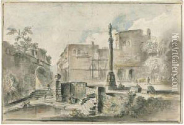View Of A Piazza With An Obelisk By The Walls Of A City,washerwomen In The Foreground Oil Painting - Jean-Baptiste Lallemand