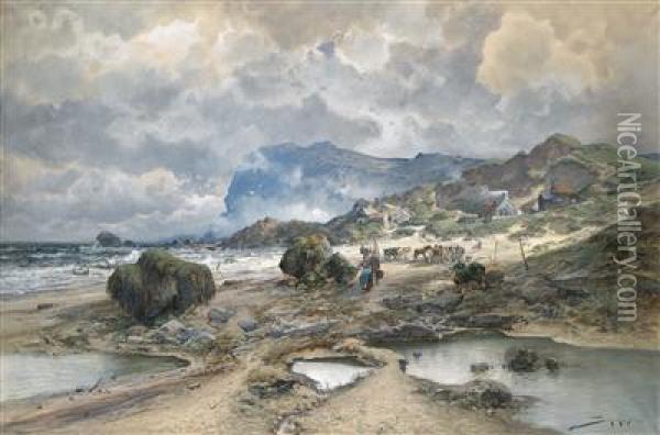 Kustenlandschaft Mit Fischer In Der Bretagne Oil Painting - Jacques Matthias Schenker