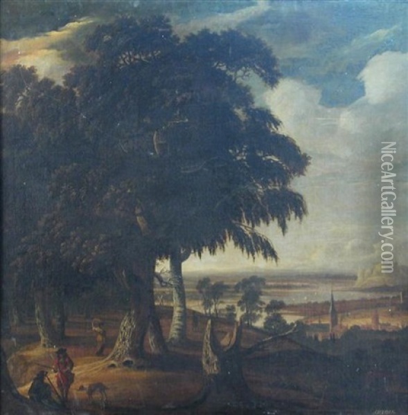 Autumn - With Sportsmen And A Hound In A Landscape Oil Painting - Jacques d' Arthois