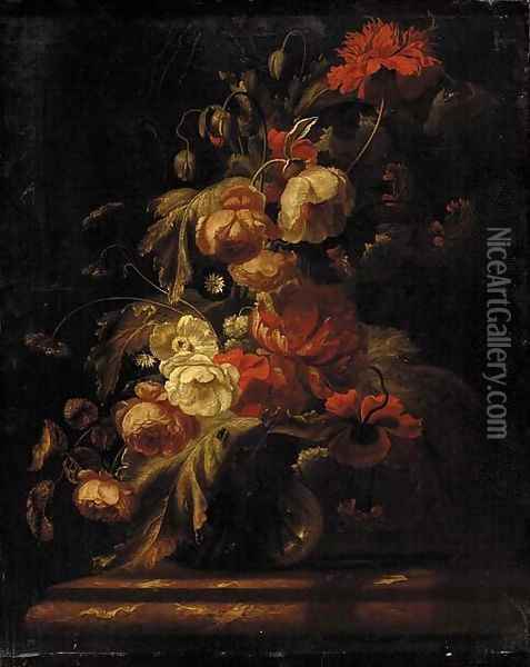 Roses, carnations, peonies, morning glories and other flowers in a vase on a marble tabletop Oil Painting - Simon Pietersz. Verelst
