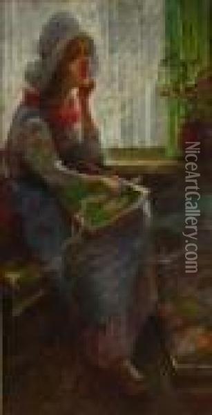 Dutch Woman Sewing Oil Painting - Carl Duxa