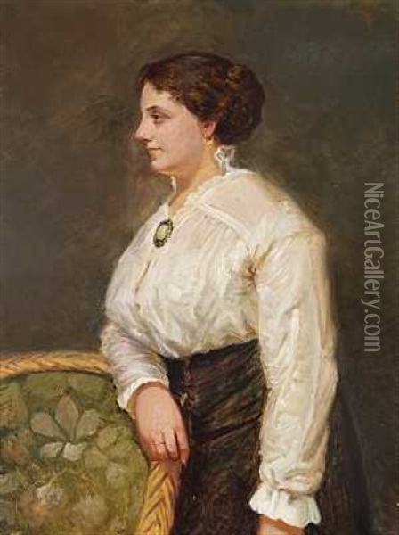 En Kvinde Med Broche Og Hvid Skjorte, Staende Ved En Kurvestol (kunstnerens Hustru Esther?) Oil Painting - Julius Paulsen