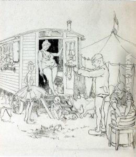 Karikaturentwurf - Waschtag Im Zirkus Oil Painting - Richard Aigner