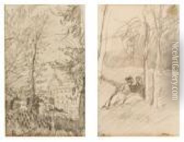 Due Figure Sedute Fra Gli Alberi 
Veduta Di Cupola Attraverso Gli Alberi Oil Painting - Scipione Vannutelli