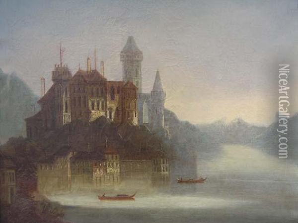 Chateau Au Bord D'un Fleuve Oil Painting - J. Wilhelm Jankowski