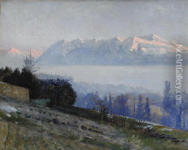 Vy Fran Lausanne Mot Mont Blanc Oil Painting - Gottfrid Kallstenius