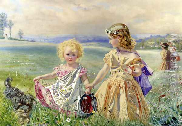 Children Garlanded With Flowers In A Meadow Oil Painting - J. Deane Simmons