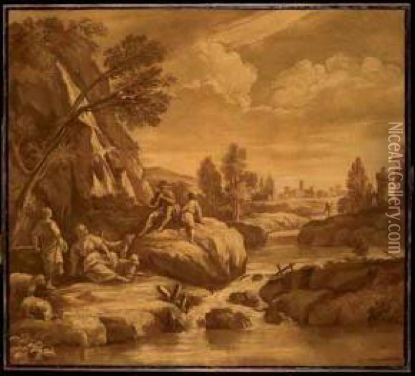 Paesaggio Con Veduta Fluviale, Pastori E Armenti Oil Painting - Domenico Pecchio