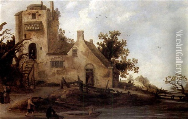 A Landscape With Cottages On The Banks Of A River Oil Painting - Reyer Claesz Suycker