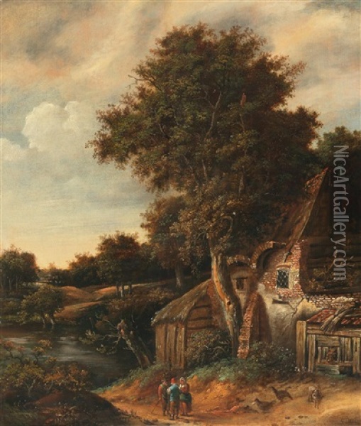 A Landscape With Trees And Farmhouses By A River Oil Painting - Cornelis Gerritsz Decker