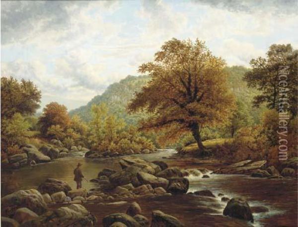 A Landscape With A Fisherman By A Stream Oil Painting - Thomas Spinks