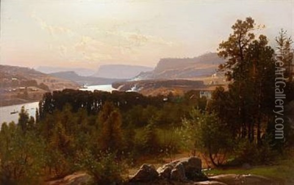 Mountain Landscape With Ships On The River Oil Painting - Albert Berg
