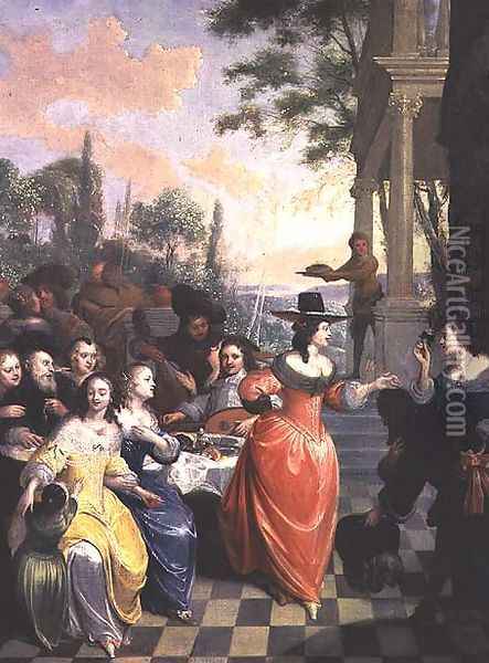 Cavaliers and Ladies on a Balcony Before Dancing Figures Oil Painting - Hieronymus Janssens