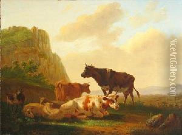 Cattle And Sheep Resting In A Landscape Oil Painting - Matthijs Quispel
