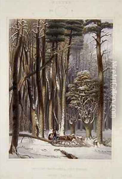 Winter Impeded Travellers in a Pine Forest from Harveys Scenes of the Primitive Forest of America Oil Painting - George Harvey