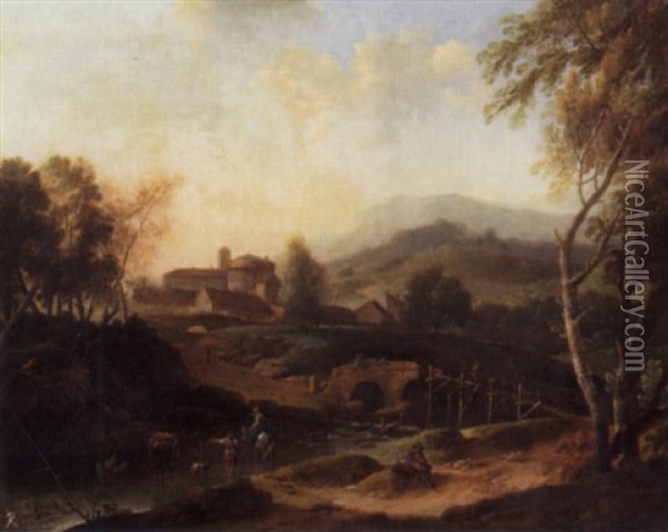 Landschaft Mit Im Fluss Stehenden Fischern Oil Painting - Johann Friedrich Thiele