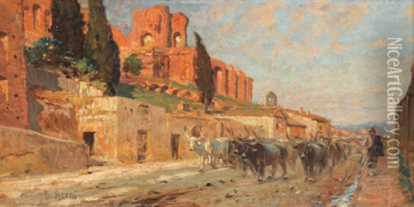 Die Via Dei Cerchi Bei Rom Mit Buffelherde Oil Painting - Franz Theodor Aerni