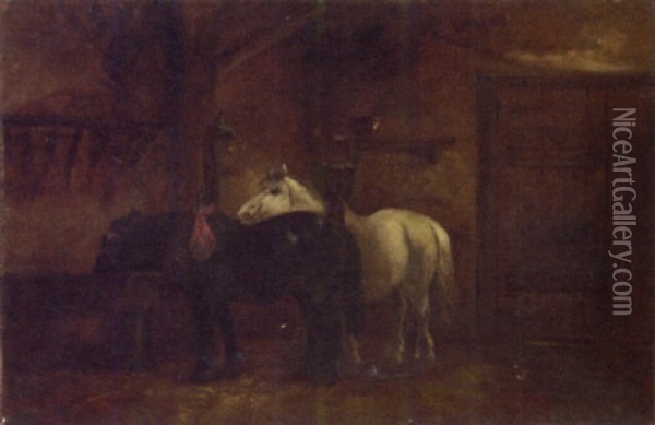 Horses In A Stable Interior Oil Painting - John Joseph (of Bath) Barker