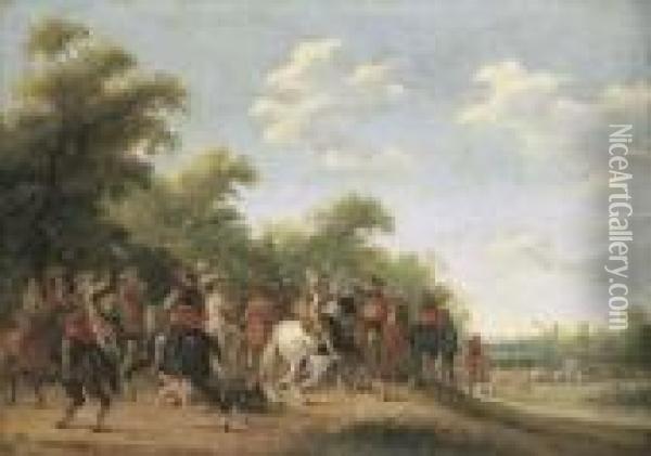 A Wooded Landscape With A Cavalry Skirmish Oil Painting - Joost Cornelisz. Droochsloot