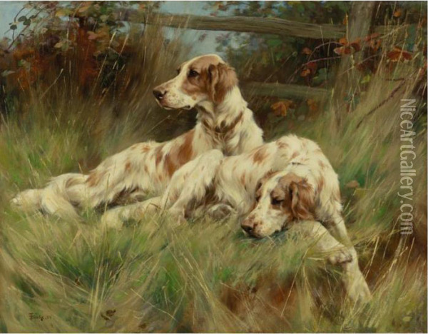 Two Setters Resting In The Grass Oil Painting - Thomas Blinks