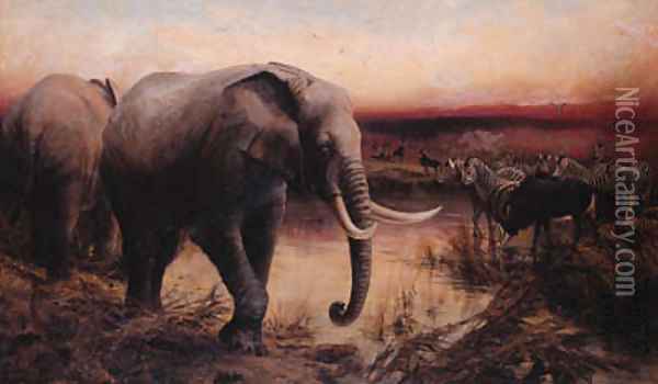 Elephants, Sable Antelope and Zebras at a Waterhole - Sunset Oil Painting - Edward Whymper