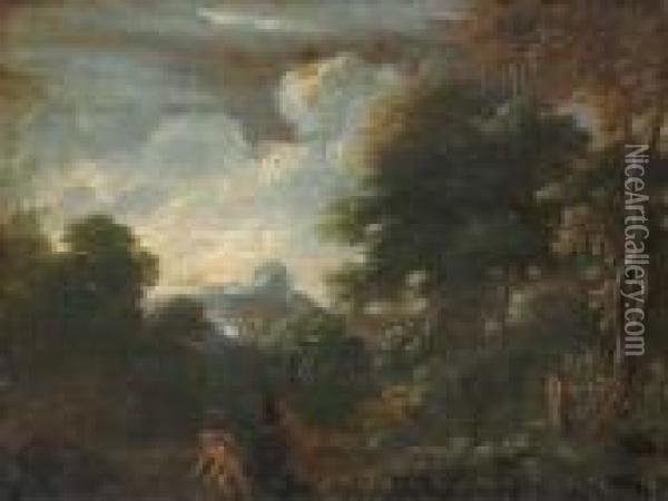 A Wooded Landscape With Pan And Ceres Oil Painting - Gaspard Dughet Poussin