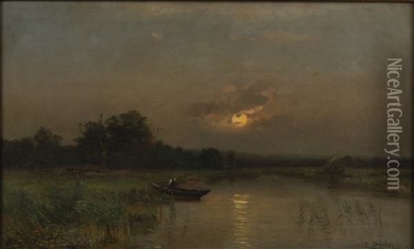 Moonlight Fishing Oil Painting - Eugen Gustav Duecker