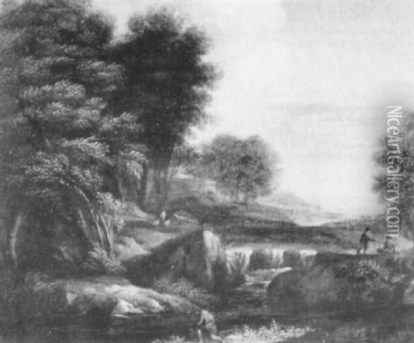 An Italianate Landscape With Figures                        On A Track By A Waterfall Oil Painting - Gaspard Dughet