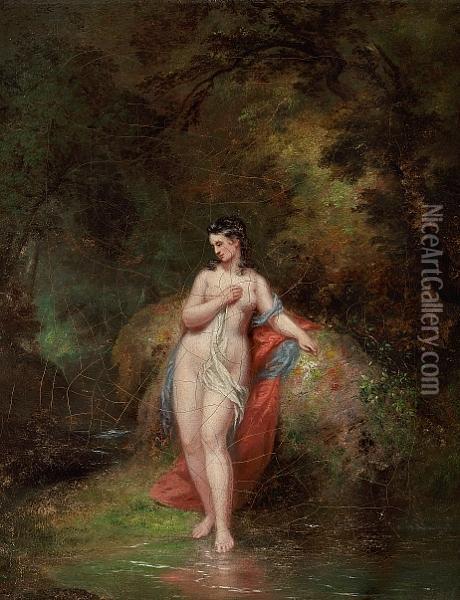 Geller: A Bather At A Forest Lake Oil Painting - William Overend Geller