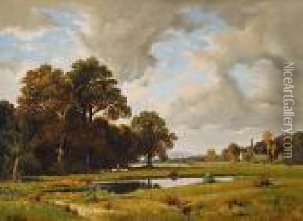 Landschaft Mit Schafer Am Weiher Oil Painting - Josef Willroider