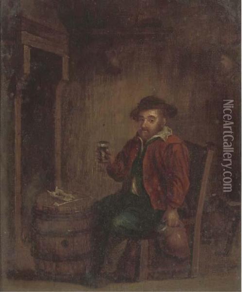 A Boor Drinking In An Interior Oil Painting - Adriaen Jansz. Van Ostade