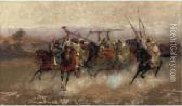 Arab Horsemen In Gallop Oil Painting - Enrico Coleman