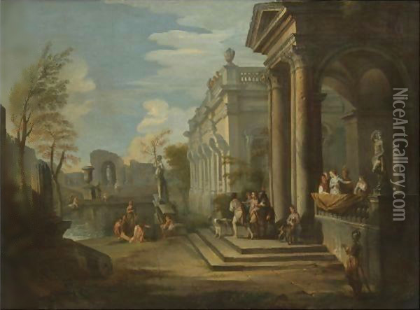 An Architectural Capriccio With Figures At A Balcony And Bathers In A Pool Nearby Oil Painting - Giovanni Paolo Panini