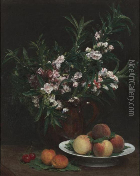 Nature Morte (balsamines, Peches Et Abricots) Oil Painting - Ignace Henri Jean Fantin-Latour
