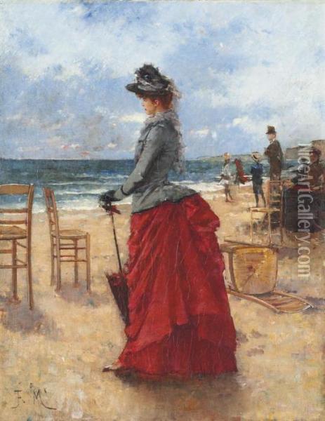 An Elegant Lady On The Beach Oil Painting - Francisco Miralles Galup