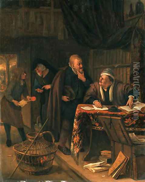 The Rent Day an interior with a lawyer at a table conversing with a client, a clerk offering a sealed document to a lady beyond Oil Painting - Jan Steen