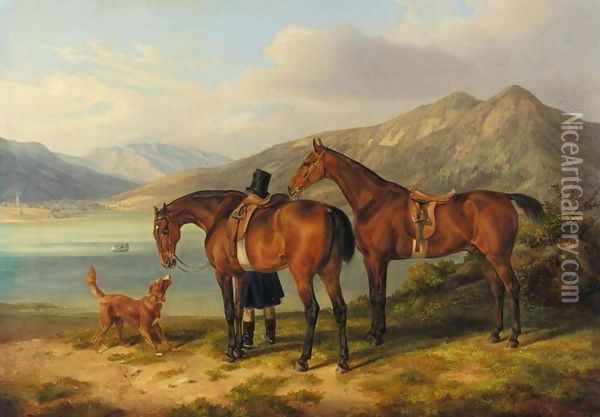 Rider and Two Bays by a Lake (Reiter und zwei Pferde am See 1834) Oil Painting - Adam Albrecht