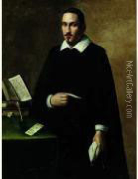Portrait De Giulio Meria Pres De Son Bureau Tenant Une Lettre Oil Painting - Carlo Ceresa
