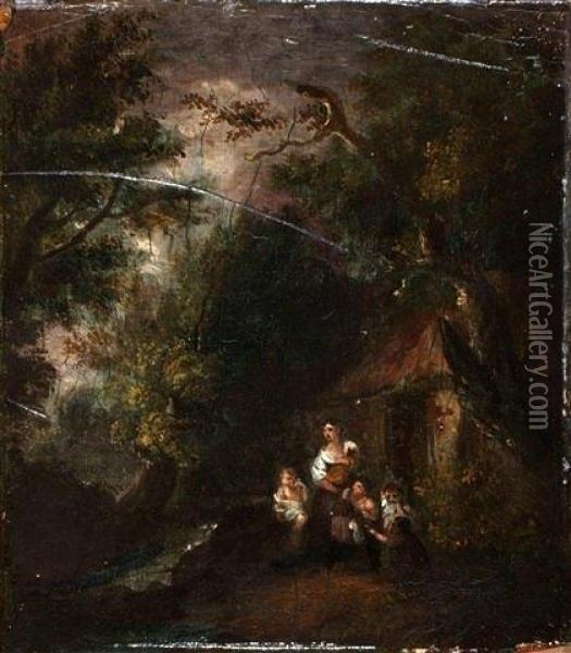 A Family Group Seated Outside A Cottage In A Woodland Setting Oil Painting - Thomas Gainsborough