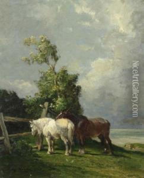 Zwei Pferde Auf Der Weide. Oil Painting - Jules Hereau