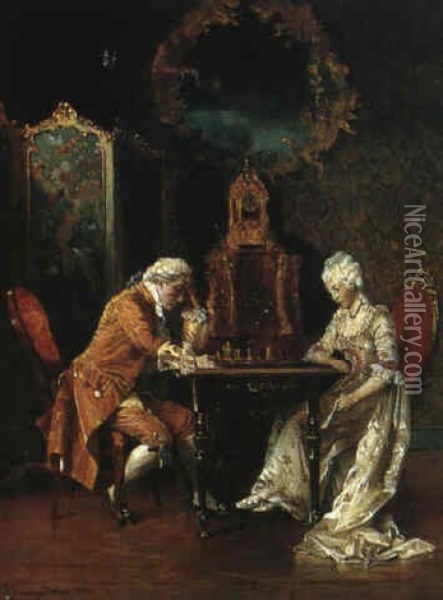 The Chess Game Oil Painting - Johann Hamza