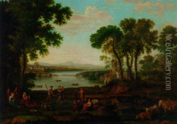 Figures Dancing In A Classical Landscape Oil Painting - Claude Lorrain