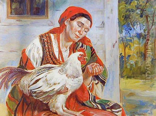 Dziewczyna Wiejska Z Kogutem, 193(8?) Oil Painting - Wincenty Wodzinowski
