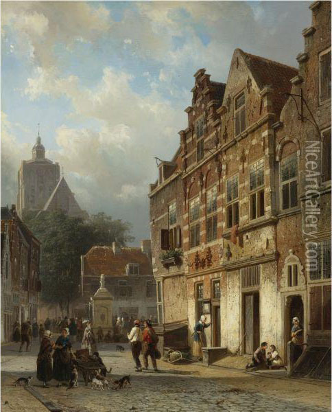 The Koopmansstraat And Market, Brielle Oil Painting - Cornelis Springer