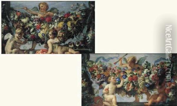 Amours Jouant Avec Des Guirlandes De Fleurs Et De Fruits Oil Painting - Carlo Maratta or Maratti