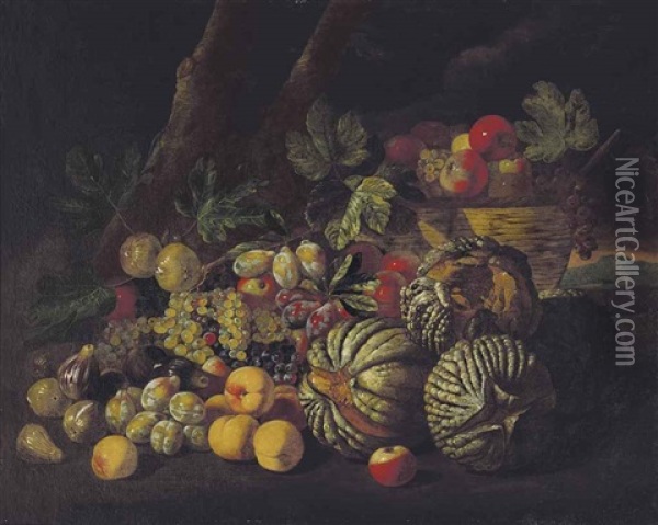 Melons, Grapes, Peaches, Figs And Other Fruit In A Wooded Landscape Oil Painting - Giovanni Battista Ruoppolo