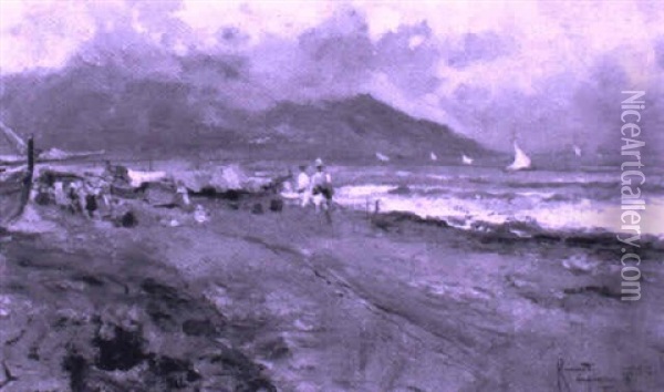 Spiaggia Con Figure Oil Painting - Oscar Ricciardi