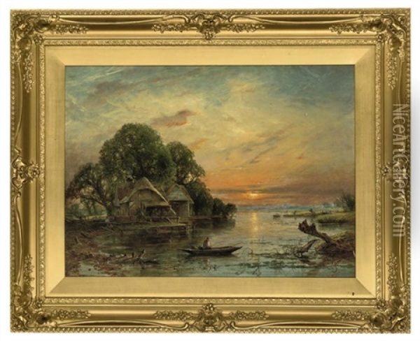 An Angler On The River At Sunset Oil Painting - William Gosling