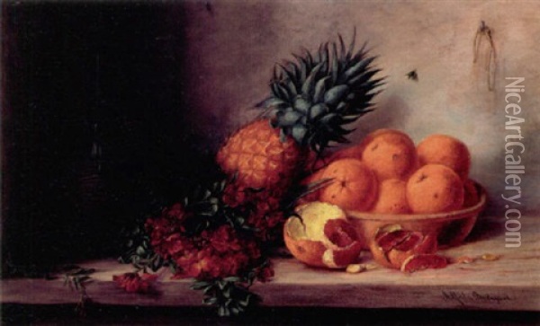 Opstilling Med Gyldenlakker, Ananas, Skal Med Appelsiner Samt Chiantiflaske Pa Et Bord Oil Painting - Alfrida Baadsgaard